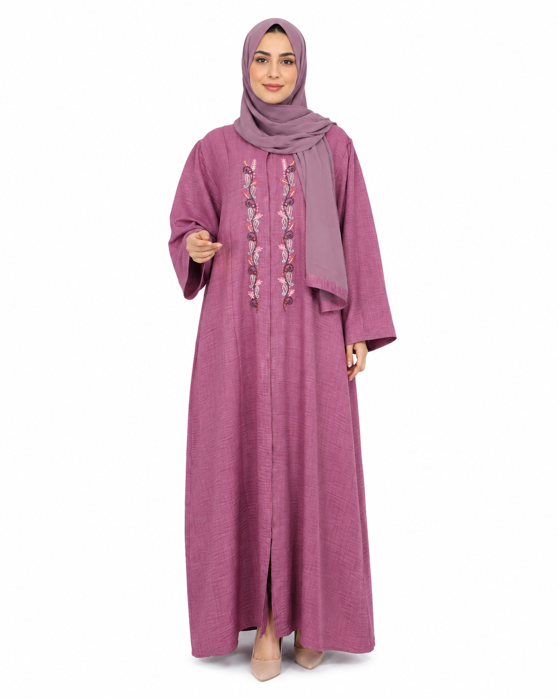 Rose Mauve Embroidered Placket Front Open Abaya